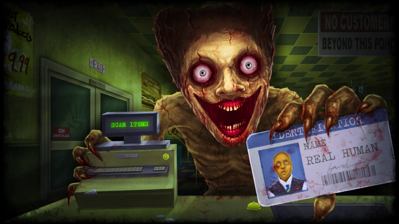 Shift At Midnight official key art showing a creature holding an ID card inside Midnight Mart